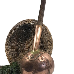 Oversized Vintage Copper & Brass Ladle with Wooden Handle – 42", Vintage copper home decor, Vintage Copper kitchen decor