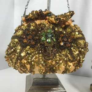 Vintage 1990s gold floral beaded handbag purse, Small evening beaded gold satin handbag purse with elaborate beading and kiss clasp.
