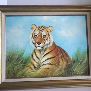 Vintage original tiger painting on canvas, signed, Rex signed vintage tiger oil painting, Artist signed lion tiger painting wood gold frame