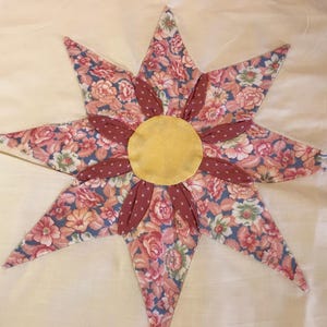 Vintage handmade quilt block 14x14, Vintage handmade quilt star on muslin fabric, patchwork quilt, handmade vintage star quilt square
