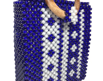 Vintage 1960s beaded box style purse, blue and white beaded vintage handbag purse with wooden round handles, Vintage lucite beaded bag purse