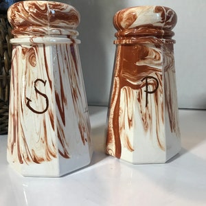 Vintage swirl glazed Salt and Pepper shakers, Vtg large oversized 7&quot; tall Alaska clay brown and white swirled ceramic salt and pepper set