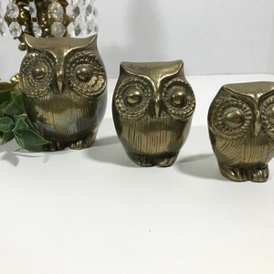 Vintage aged patina solid brass owl figurines, set of 3, Vintage solid brass owl statues shelf sitters, Vintage rustic brass owl decor