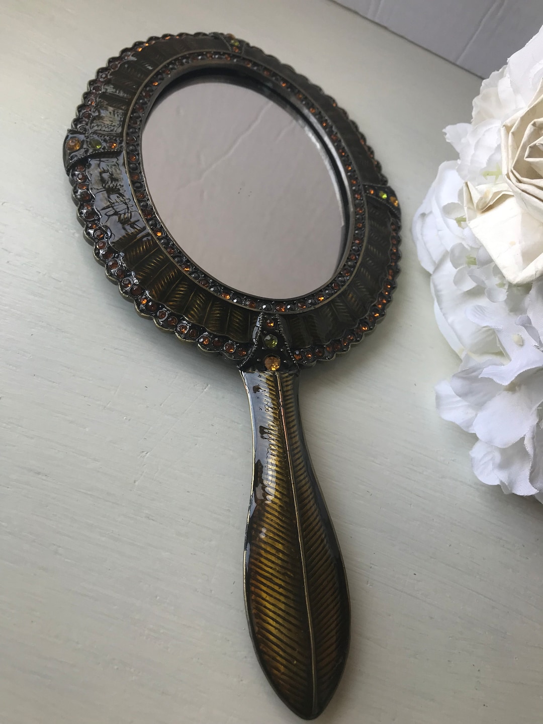 Vintage Vanity Style Hand Held Mirror With Enamel and Set Jewels