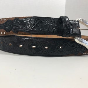 Vintage tooled leather and cow hair Tony Lama western belt, Size 38, Black and brown western belt, silver buckle tooled leather studded belt