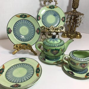 Vintage Japanese porcelain miniature tea set, Vintage Japanese petite teapot, creamer and small plate set, green Japanese small tea set