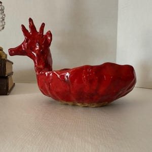 Vintage Studio Art Pottery Red Creature Dish, Signed Horned Animal Bowl, Red Glazed Pottery Trinket Dish, Mid Century Modern Folk Art