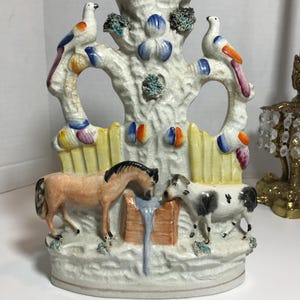 Antique Staffordshire 19th Century Tree of Life vase, Antique Staffordshire unique spill vase featuring birds, cow, horse and tree of life