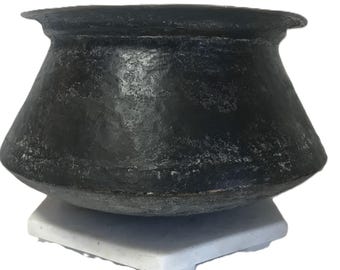 Vintage primitive copper pot kettle, distressed copper round bottom pot, hand forged large copper vessel, antique black rounded copper pot