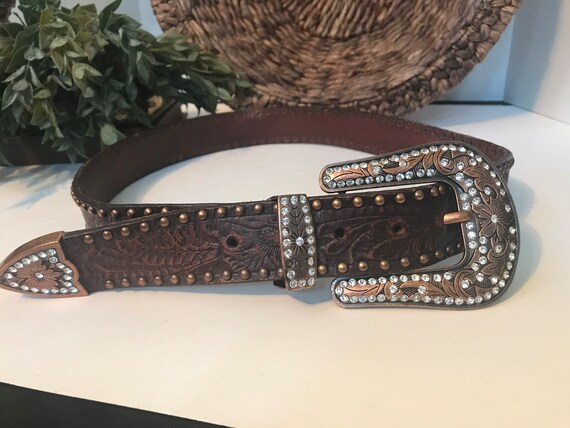 Vintage tooled leather western belt, brown wester… - image 4