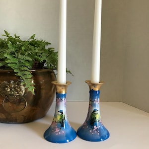 Vintage blue hand painted ceramic candle holders, blue and gold candle holder set with hand painted floral bird design, blue candle holders