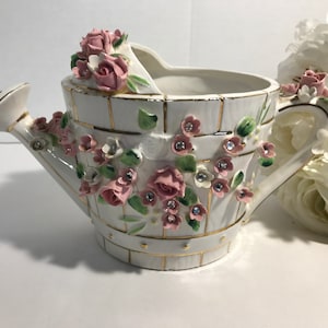 Vintage Lefton white and gold ceramic watering can planter with pink 3-dimensional rosettes, Lefton vintage ceramic planter