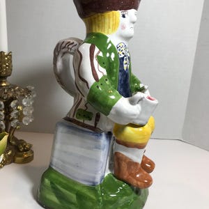 Vintage ceramic hand painted pitcher, Vintage figural colorful majolica 12&quot; pitcher, Vintage colonial man figural water jug large pitcher