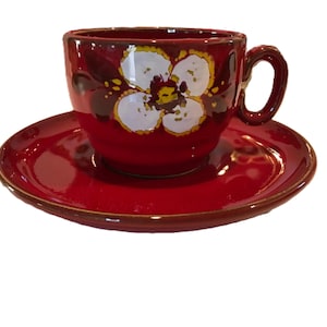Taza y platillo vintage Winterling Feinkeramik – Cerámica alemana con motivos florales rojos – Juego de café retro