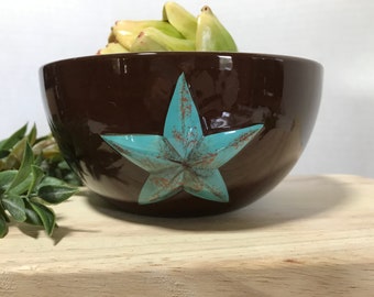 Brown ceramic bowl with turquoise embossed star, brown ceramic cereal bowl with raised western looking turquoise star, HiEnd Accents bowl