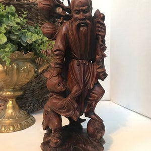 Vintage Asian statue, Vtg Chinese hand carved statue, Chinoiserie wood statue figurine, Chinoiserie decor, Asian wood man child sculpture