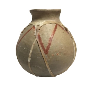Vintage Tarahumara Pottery Clay Pot, Native American style Red Clay Pot with Rawhide Wrap, Handmade Rustic Tribal Pottery Bowl