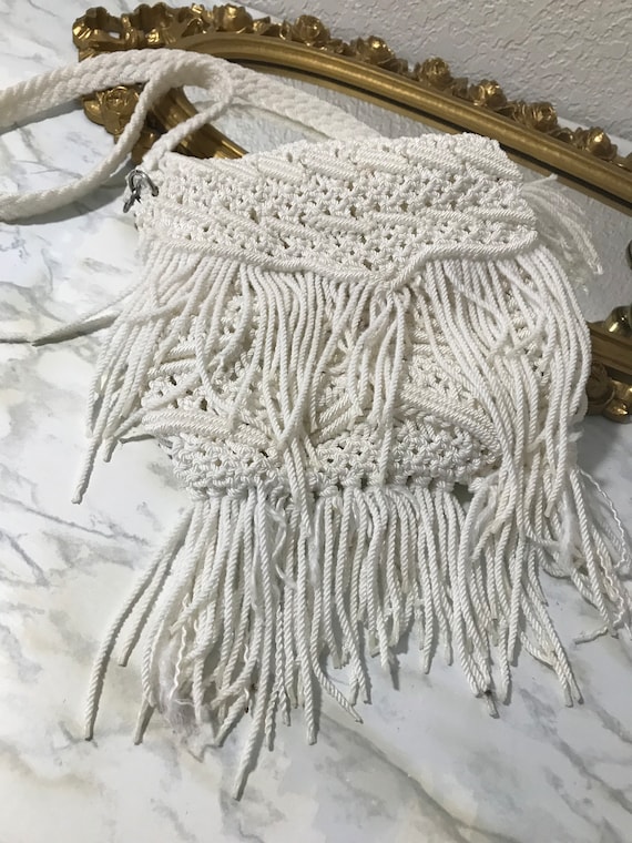 Vintage 70s macrame purse, Handmade white macrame 