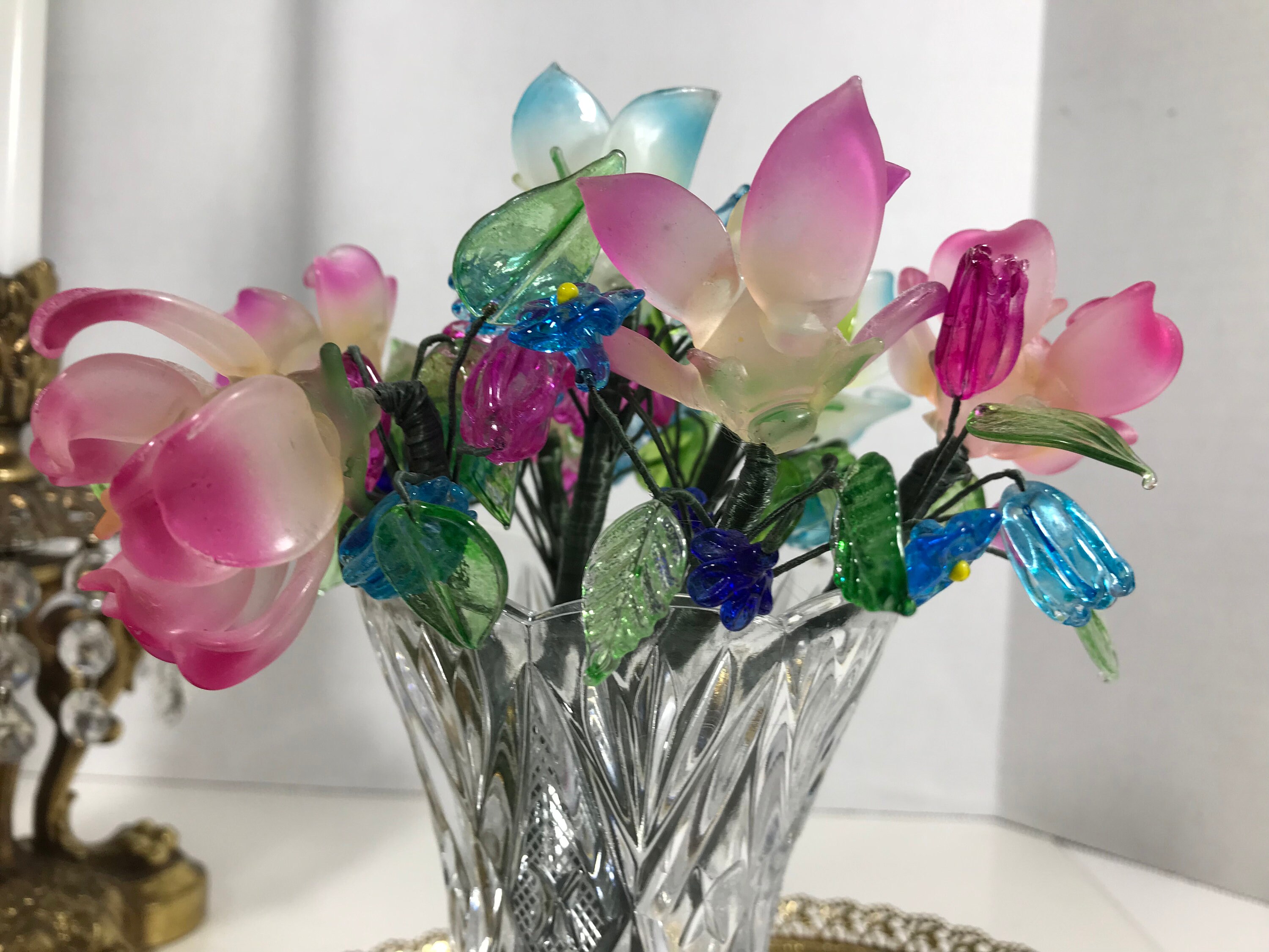 Vintage Glass Flowers in Crystal Vase, Elegant Crystal Vase Filled With ...