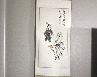 Vintage Chinese scroll art, Vtg Asian scroll painting on paper, Chinoiserie style scroll art, black and white hand painted scroll wall decor