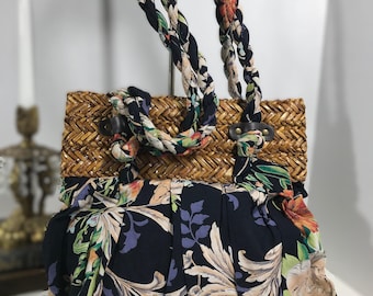 Bolso vintage con flores de algas marinas, bolso tote de rafia con algas marinas y tela floral, bolso tote de paja y tela para vacaciones, bolso de paja para playa.