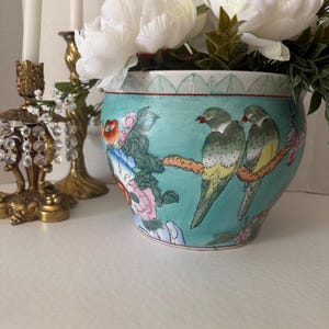 Vintage Chinese Chinoiserie Porcelain Planter | Hand Painted Birds & Floral | Fish Interior Design | 9&quot;x7&quot; | Blue Ceramic Pot
