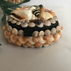 Vintage shell trinket box, Vtg seashell small trinket box with trinkets, handmade seashell ring box, shell decorative box