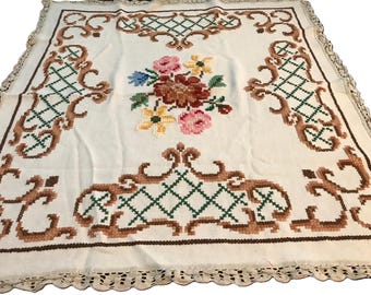 Vintage white embroidered cross stitch handmade tablecloth 32x32", Vtg cross stitch colorful heavy linen table topper, vintage tablecloth