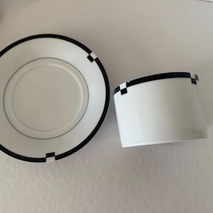 Mikasa Midnight Cup and Saucer – Discontinued White & Black Border Japan, Replacement Dinnerware, Modern Minimalist Cup and Saucer Set