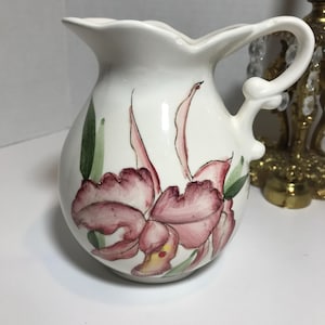Vintage white floral ceramic small pitcher, white petite pitcher with pink floral design, made in Japan, French country decor, Shabby Chic