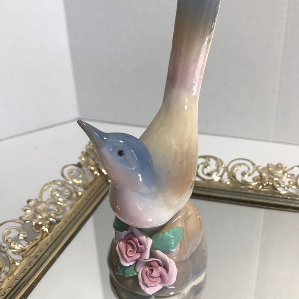 Vintage Valencia Spain porcelain bird perched on roses, Vintage Valencia ceramic porcelain bird figurine, Valencia Spain porcelain figurines