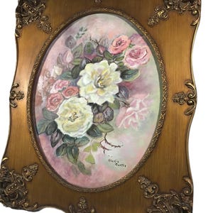 Vintage Gloria Curtis floral still life in ornate carved wood frame 22x26 signed original oil painting on canvas, original floral painting image 1