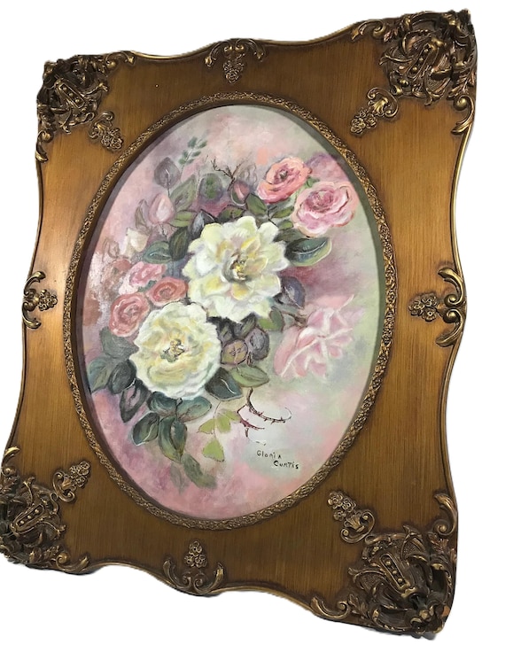 Vintage Gloria Curtis floral still life in ornate carved wood frame 22x26 signed original oil painting on canvas, original floral painting