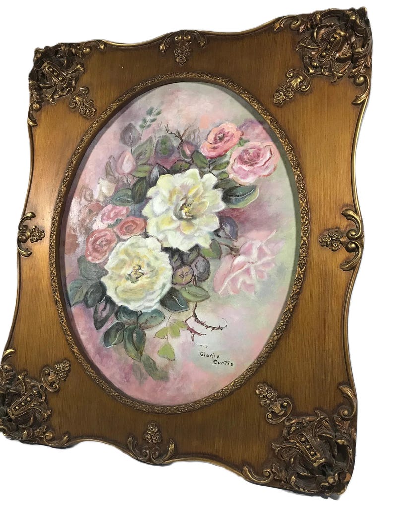 Vintage Gloria Curtis floral still life in ornate carved wood frame 22x26 signed original oil painting on canvas, original floral painting image 1