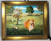 Vintage original mixed media My Merci signed painting, original painting on board, mixed media original dog art, bright fun dog painting