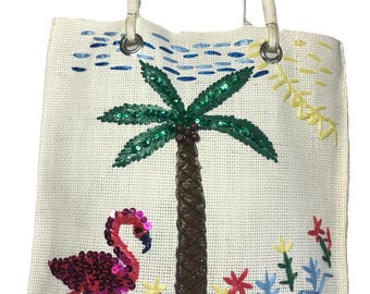 Bolso tote turístico vintage de paja tejida, bolso tote de playa vintage tejido con flamencos y palmeras, bolso tote turístico vintage para vacaciones, bolso tote de playa