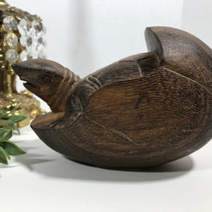 Vintage wood turtle figurine, Mid Century style solid teak wood turtle in egg figurine, Vintage turtle decor, Vintage turtle shelf sitter