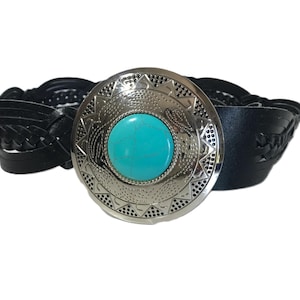Vintage Black Genuine Leather Belt With Faux Silver 