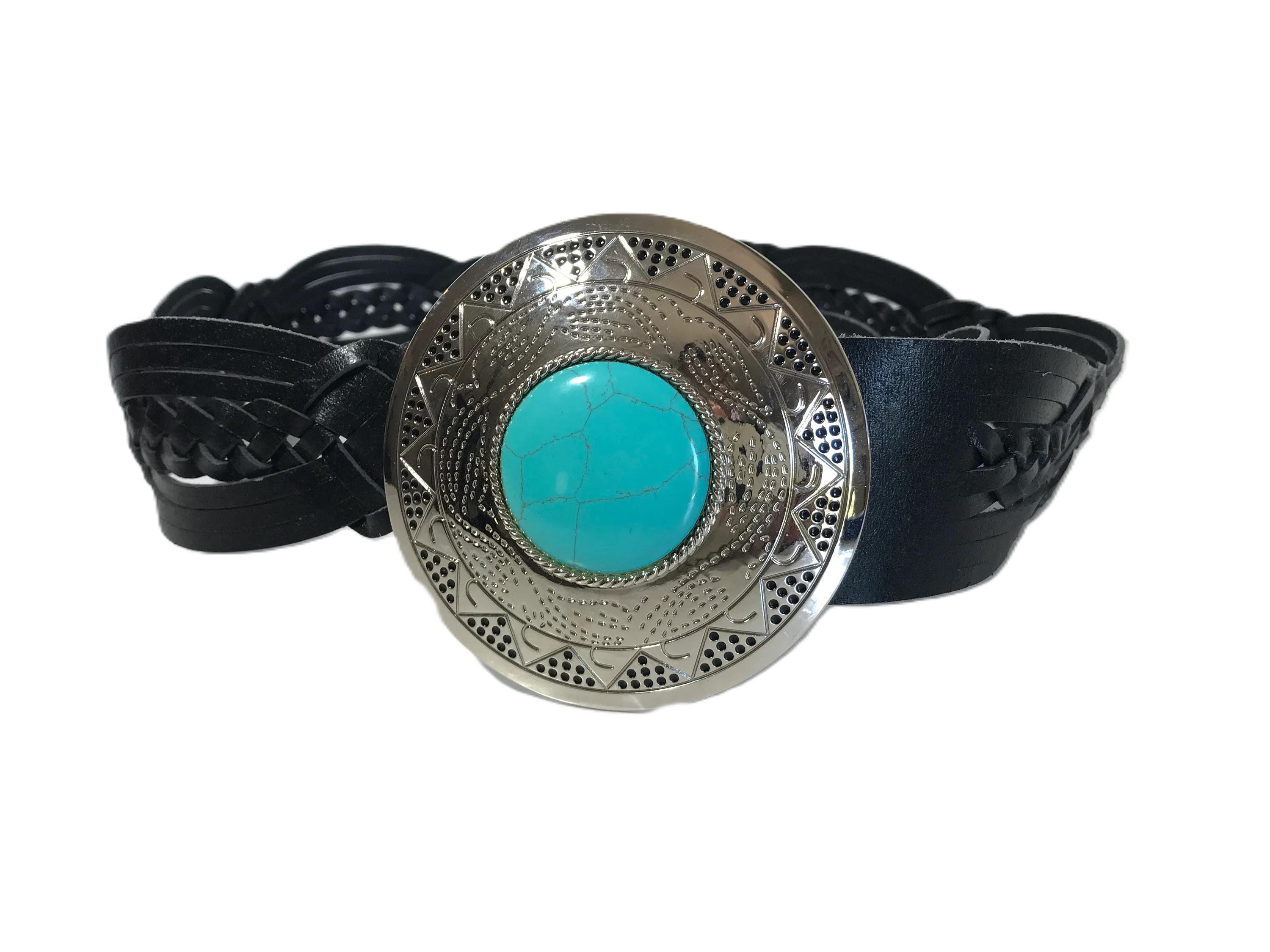 Genuine Leather Braided Black Belt with W Silver Buckle and turquoise  accent. Kamberley Concho Turquoise Black Belt 6067 – Wild Bill main image 2