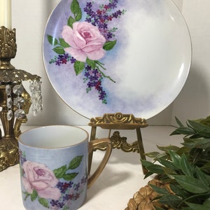 Vintage hand painted ceramic plate and coordinating cup, signed, Vintage painted floral porcelain cabinet plate and matching cup, signed