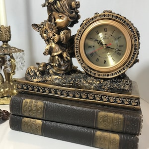 Hollywood Regency Lisheng mantel clock, Vintage 60s gold mantel clock, Victorian look clock with a twist, retro gold mantle clock