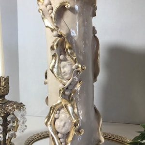 Vintage signed handmade unique pottery vase, peapods and baby faces one of a kind signed large vase, whimsical large art pottery vase