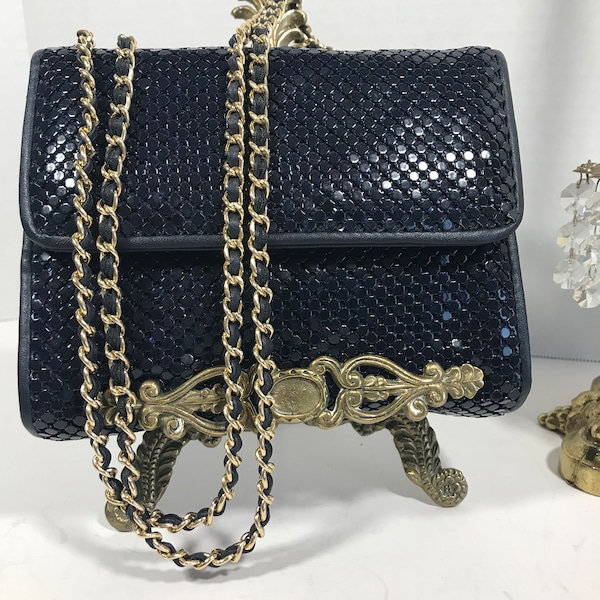 Vintage Whiting and Davis blue mesh chain strap handbag purse, Vintage Whiting and Davis mesh blue handbag purse with gold chain strap
