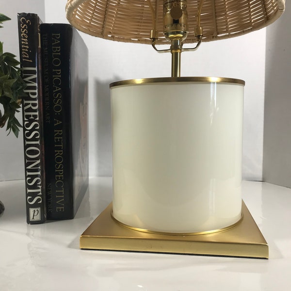 Kate Spade Lamp, off white and brushed gold Kate Spade table lamp, Kate Spade mod lamp, modern Kate Spade gold cream cylinder table lamp