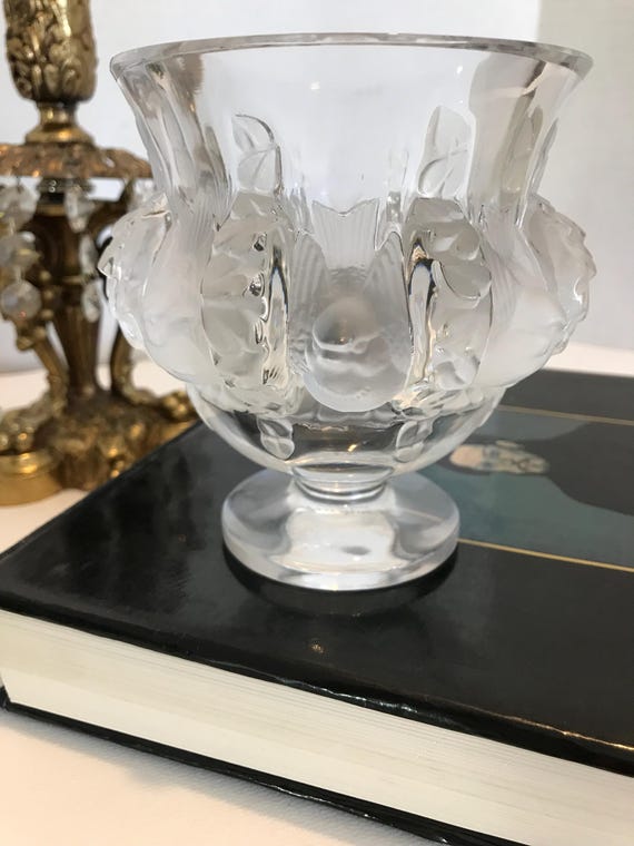 Vintage Lalique Dampierre Bird Crystal Vase, Lalique Footed