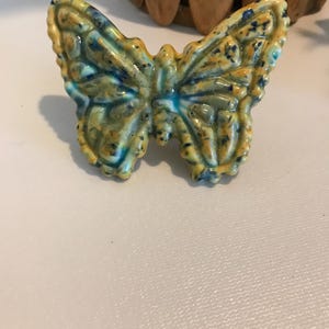 Vintage ceramic large colorful bead, Vtg 1970s ceramic drip glaze butterfly macrame bead, butterfly craft macrame art pottery 3.5&quot; bead