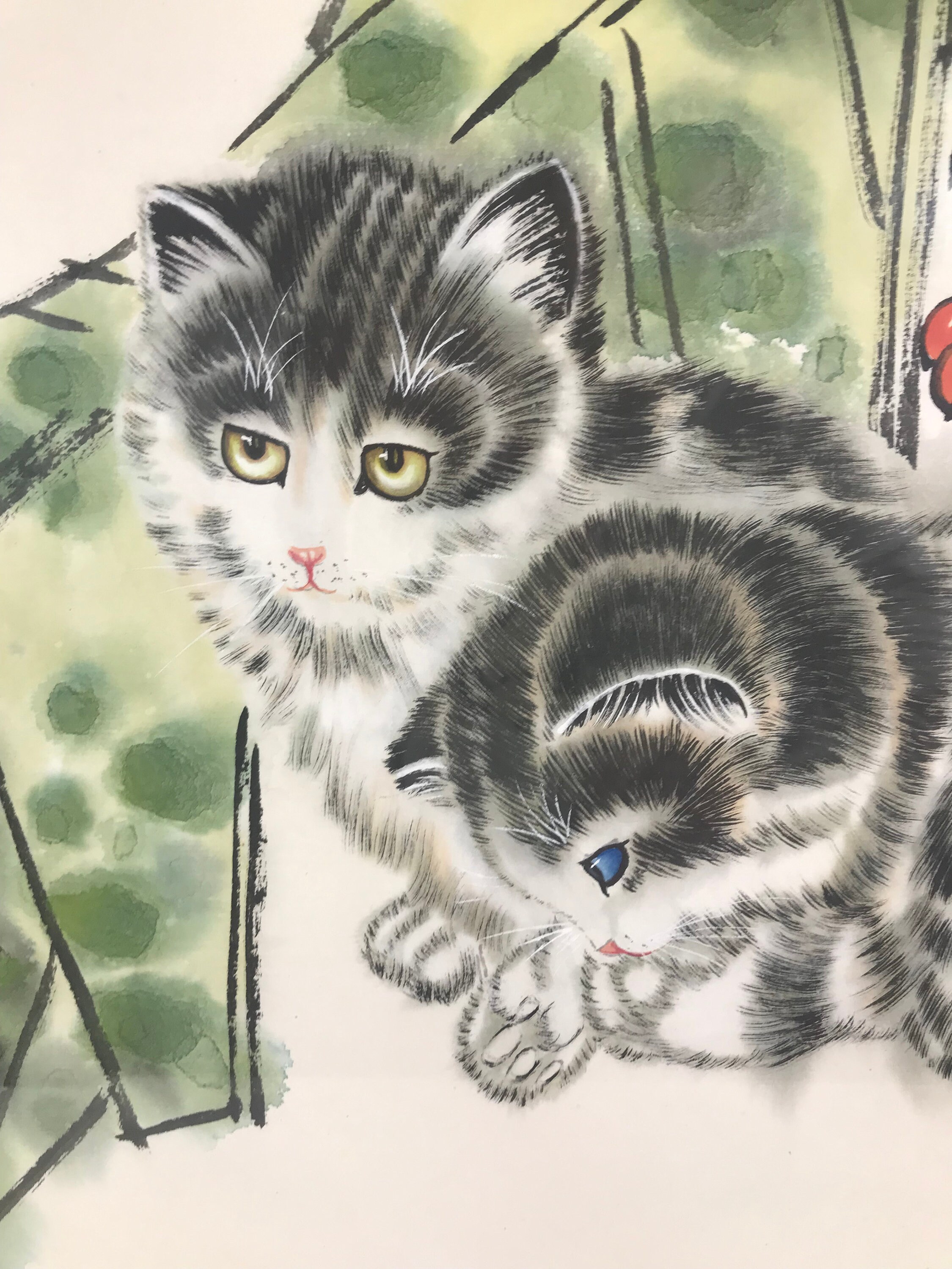 ビンテージの子猫の水彩画、現代中国の子猫の水彩画と水墨画
