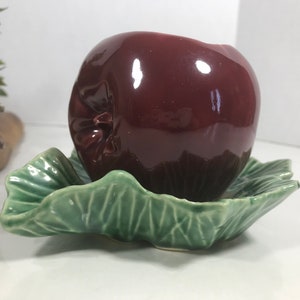 Vintage McCoy ceramic apple dish, Vintage McCoy red apple on leaf dish, Vintage signed McCoy apple on leaf planter, McCoy pottery