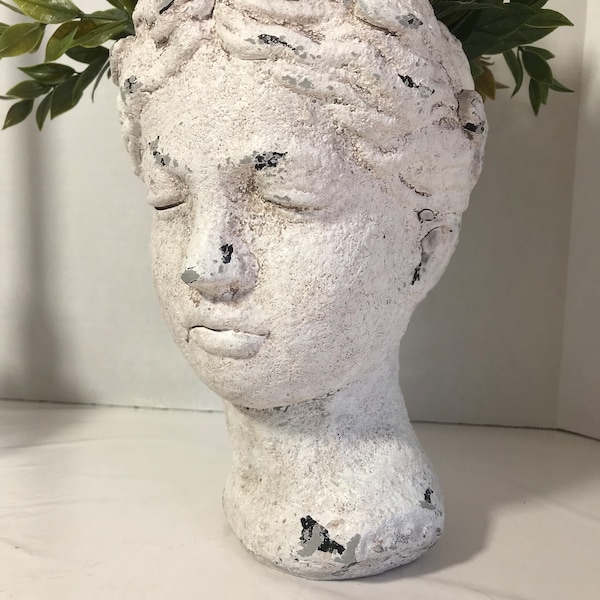 Vintage ceramic statue planter, Vintage cement bust planter, Vintage distress ceramic bust Roman figure profile statue planter, cement bust