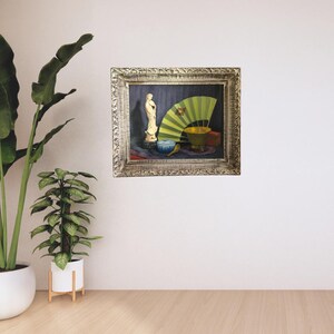 Vintage Still Life Painting with Asian Fan & Quan Yin, Original 21x25" Framed Oil on Canvas, Vintage Chinoiserie style original painting image 11